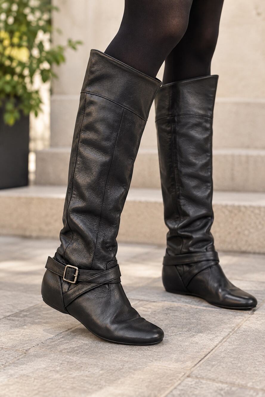 Chinese Laundry Newbie Black Leather Knee High Boots Womens 8 Buckle Riding
